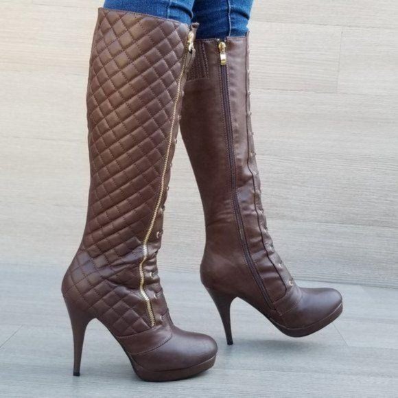 Brown Quilt Knee High Platform Boots - Picture 3 of 11